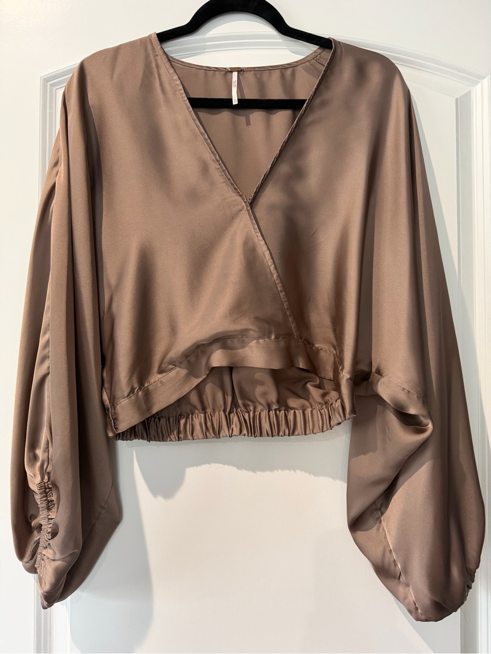 Free People Satin Wrap Cropped Top in Taupe (XS)
